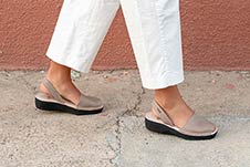 Model Wears Our beautiful Classic Pons Platform Avarca Sandal in Taupe